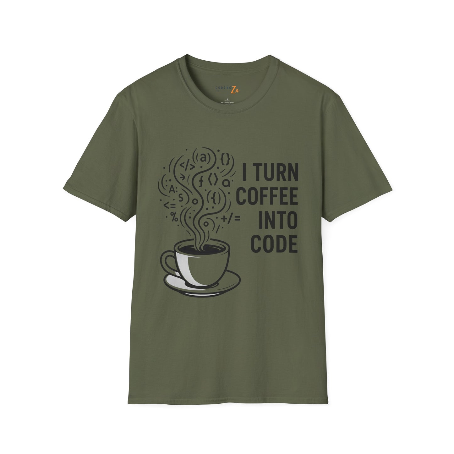 I Turn Coffee Into Code Unisex T-Shirt (Dark text)