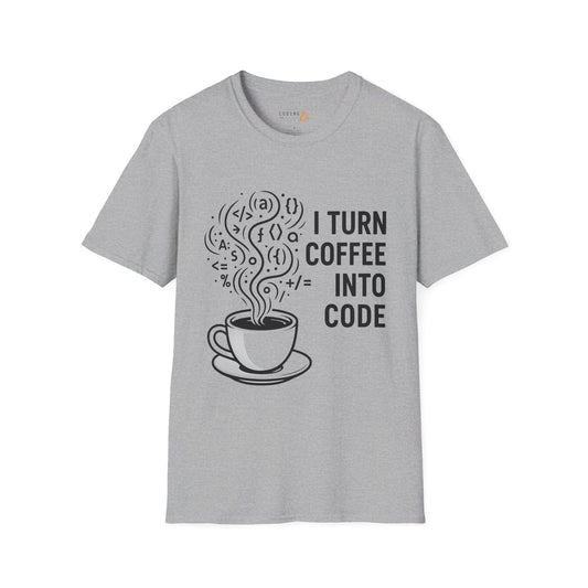 I Turn Coffee Into Code Unisex T-Shirt (Dark text)