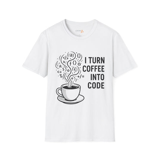 I Turn Coffee Into Code Unisex T-Shirt (Dark text)